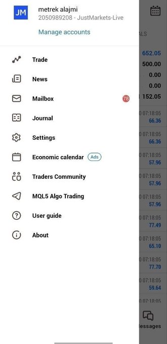 Mobile app menu for 'metrek alajmi' (account 2050989208) on JustMarkets-Live, showing navigation options including Trade, News, Mailbox (with 78 notifications), Journal, Settings, Economic calendar, Traders Community, MQL5 Algo Trading, User guide, and About.
