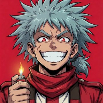 An anime-style illustration of a young man with spiky silver hair, red eyes, and a wide grin, holding a lit lighter against a red background.