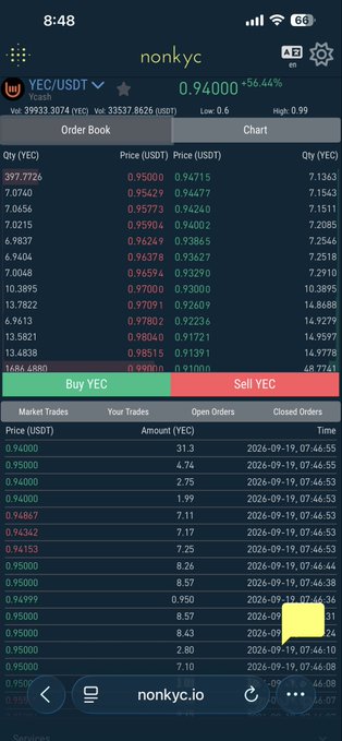 Mobile screenshot of nonkyc.io exchange showing YEC/USDT trading pair at 0.94000, displaying order book and recent market trades.