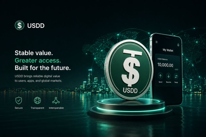 A promotional graphic for USDD cryptocurrency featuring a large green USDD coin next to a smartphone displaying a wallet with a 10,000.00 balance, with the tagline "Stable value. Greater access. Built for the future."