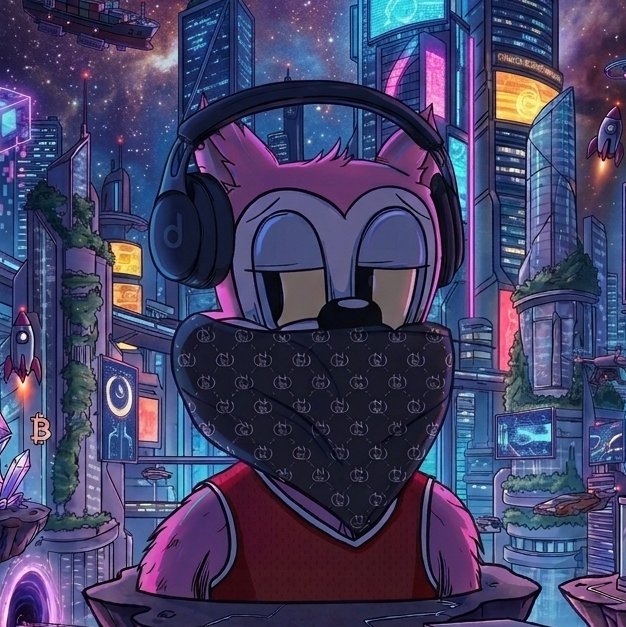 A purple anthropomorphic fox character wearing Beats headphones and a bandana patterned with a logo stands against a vibrant cyberpunk cityscape featuring neon Bitcoin symbols and a "BITCOIN ATM" sign. The image complements the caption's relaxed "goodnight" message, depicting the NFT/crypto enthusiast character in a moment of rest before another active day in the Web3 space.