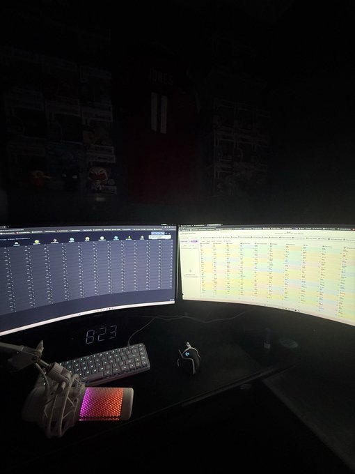 A dark workspace featuring dual computer monitors displaying data, a keyboard, a mouse, and a small digital clock showing '8:23'.