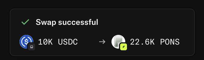 A screenshot confirms a successful token swap of 10K USDC for 22.6K PONS, visually verifying the $10k PONS purchase announced in the accompanying post.