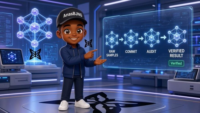 A cartoon character wearing an 'AnasBJNG' cap points to a digital flowchart showing a verification process: RAW SAMPLES → COMMIT → AUDIT → VERIFIED RESULT, displayed on a holographic screen in a futuristic lab setting.