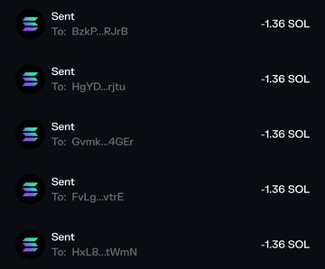This image shows a screenshot of multiple Solana (SOL) transactions, each sending -1.36 SOL to different recipients. This visual evidence supports the accompanying post's message about supporting those who engage consistently, not just during financial giveaways.