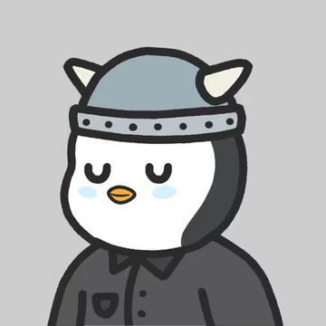 A simple cartoon illustration of a penguin wearing a blue Viking helmet with white horns.