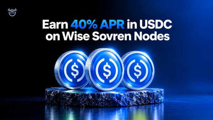 Promotional graphic reading "Earn **40% APR** in USDC on Wise Sovren Nodes," featuring three glowing blue USDC coins on a stone platform, complementing the post's walkthrough on accessing Sovren Nodes via Web3 wallets at app.wisetoken.com.