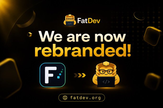 An announcement graphic reading 'FatDev: We are now rebranded!' showing a transition from a letter 'F' logo to an owl character with a laptop, with the URL fatdev.org displayed.