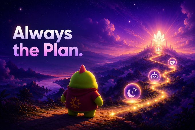 Digital fantasy artwork with text 'Always the Plan,' featuring a small green creature looking toward a glowing path leading up a hill to a lotus-shaped temple at sunset, with icons along the path.