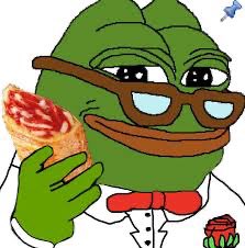 A cartoon Pepe the Frog wearing glasses, a white shirt, and a red bow tie holds a slice of pizza.