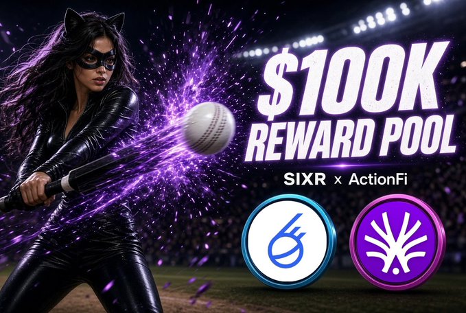 A promotional graphic featuring a woman in a black cat-eared mask and leather outfit swinging a baseball bat at a ball, with purple energy effects, advertising a '$100K REWARD POOL' for 'SIXR x ActionFi' alongside two circular logos.