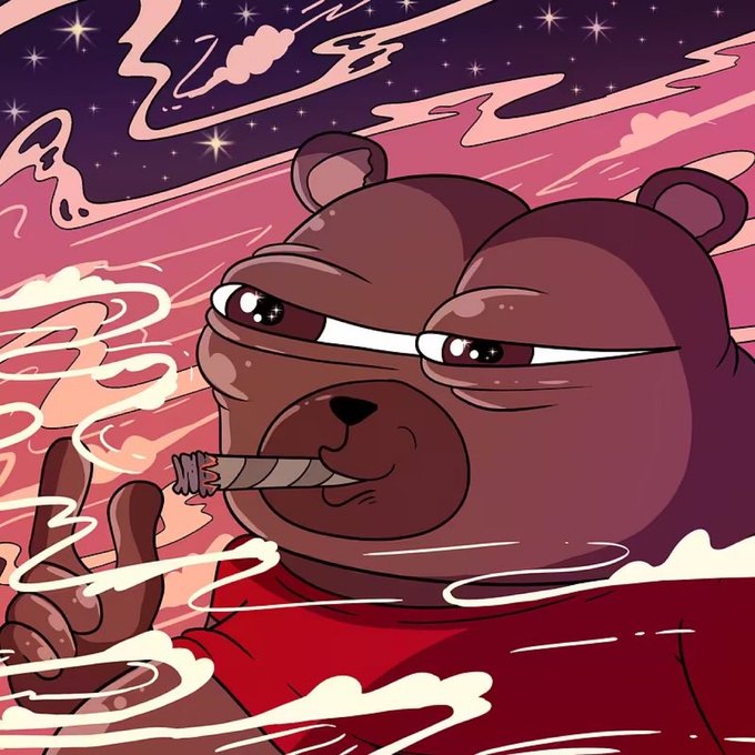 A stylized digital illustration of a brown cartoon bear with droopy, glossy eyes smoking a cigar and holding up two fingers against a pink and purple cosmic background with stars and clouds.