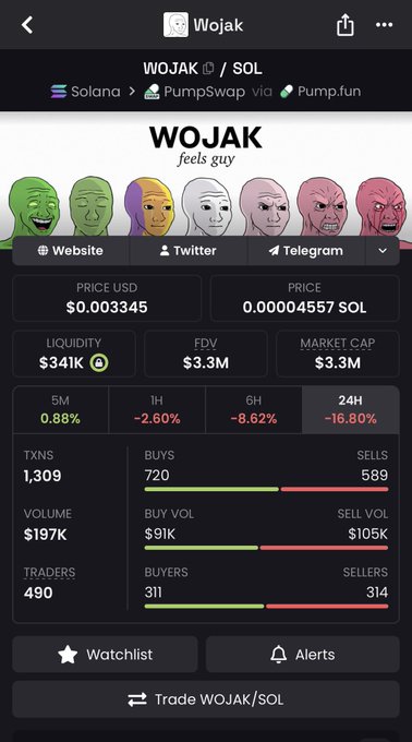 This image shows the crypto token WOJAK/SOL on Pump.fun, displaying its price, market cap, and trading data, which the accompanying post suggests is experiencing a speculative pump due to a recent listing.