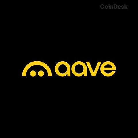 The image displays the Aave logo in yellow on a black background, with a "CoinDesk" watermark in the top right corner. It serves as a visual reference to Aave, the decentralized finance protocol mentioned in the article about Kraken's potential acquisition of a 15% stake at a $385 million valuation.