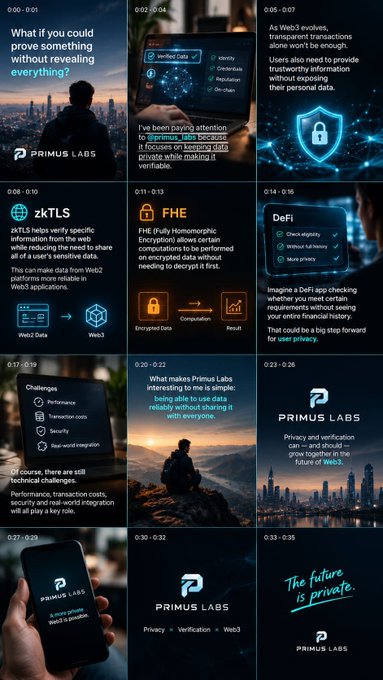 A grid of Primus Labs promotional panels describes zkTLS, FHE, DeFi, Web3 privacy, and verification, ending with “The future is private.”