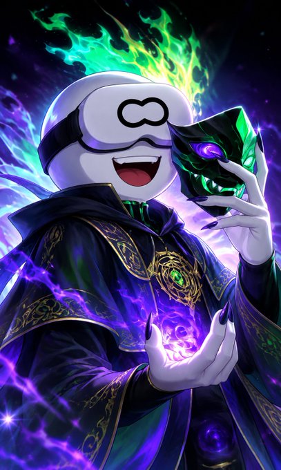 An anime-style character with a white masked face wearing a dark hooded robe with gold detailing, holding a green crystalline card and conjuring purple energy in their palm against a glowing background.