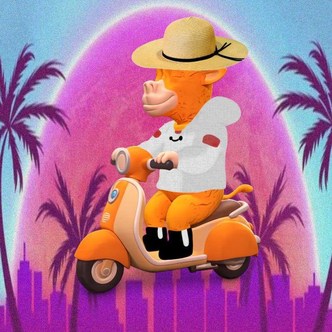 A vibrant, surreal 3D illustration of an orange, cow-like character wearing a straw hat and a white t-shirt with a smiling face, riding an orange scooter against a pink and blue gradient background with palm tree silhouettes.