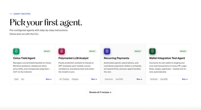 The image features a screenshot of an online interface displaying four different options for first agents, including "Celtan Yield", "Polarmint LLCL", "Powered by tokens (WaaP)", and "Recurring payments". These options show that there are multiple ways to approach the process of setting up a first agent with these platforms. The post suggests using an existing web3-native agent like Polymarket or Recurring Payments, which can help streamline payment automation and handling functions for businesses interested in creating dedicated agents.