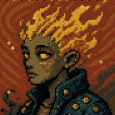 A pixel art portrait of a character with fiery orange and yellow hair, glowing yellow eyes, and dark skin, wearing a teal studded jacket against a swirling red background.