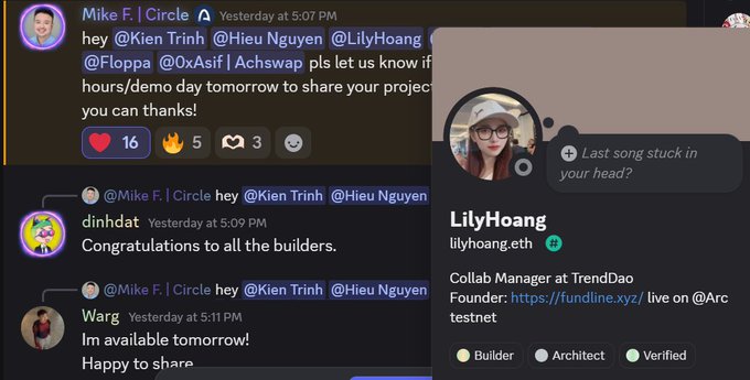 A chat interface showing messages between users including Mike F., Kien Trinh, and LilyHoang, with a profile card for 'LilyHoang' (lilyhoang.eth), Collab Manager at TrendDao.