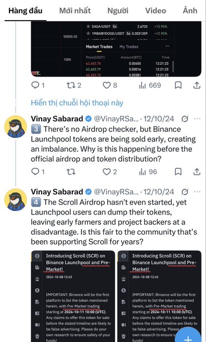 A X/Twitter thread by Vinay Sabarad (@VinayRSa...) dated 12/10/24 criticizing Binance Launchpool tokens being sold early before official airdrops, citing the Scroll (SCR) listing.
