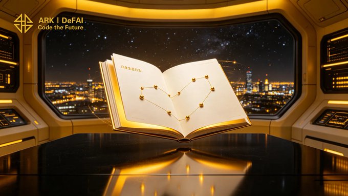A glowing open book displays a constellation-like chart in the center of a futuristic control room overlooking a nighttime cityscape, with the "ARK | DeFAI - Code the Future" logo in the upper left, symbolizing how the Arkie AI App helps users author and map their own Web3 growth journey through daily, purposeful action.
