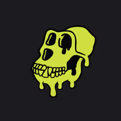A neon yellow-green graphic of a melting skull with large eye sockets and exposed teeth dripping downward on a black background.
