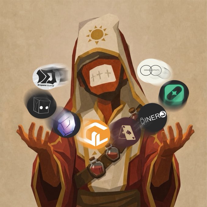 This image visually represents the diverse alliances of "Gravelin" by depicting various logos as floating orbs around a central figure, including "Emperor Journal" and "Diner" (from Dineroxyz). The image relates to the post by illustrating the concept of "every alliance has helped shape the kingdom."