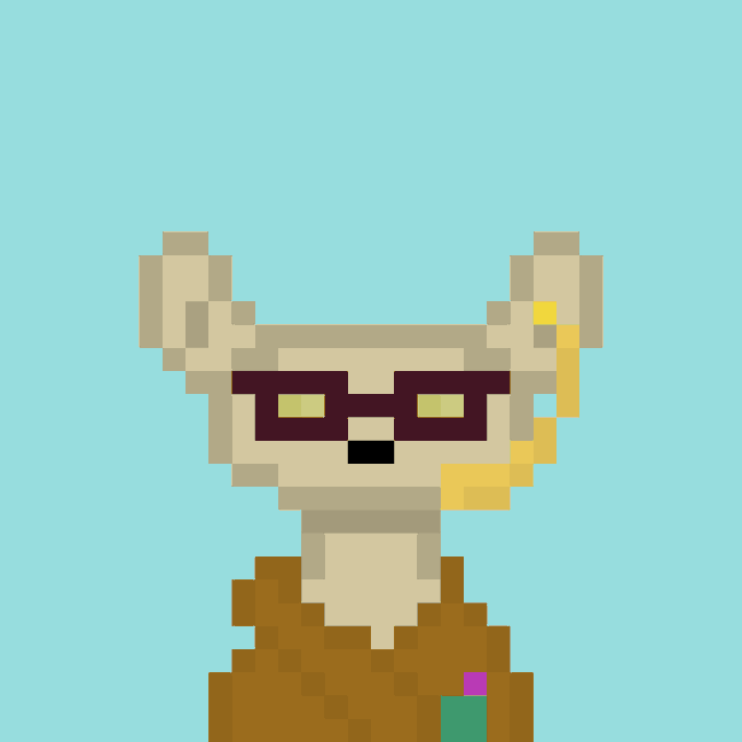 A pixel-art character with beige fur, green eyes behind dark sunglasses, a brown jacket, and a small teal and pink accessory, set against a solid light blue background.