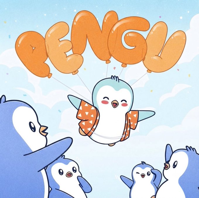 A cute illustration of penguins flying with balloon letters spelling 'PENGU' against a blue cloudy sky background.