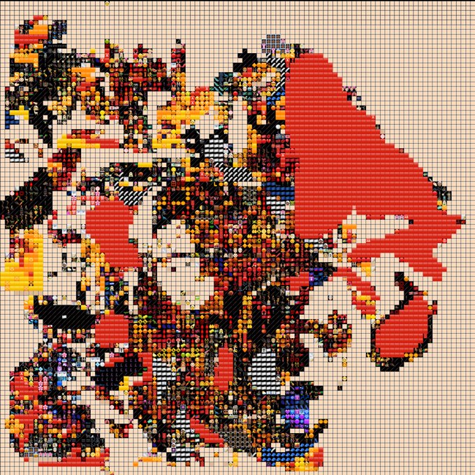 The image features a grid of squares filled with various colors, including reds, yellows, greens, blues, and blacks. The squares are arranged in a way that creates an abstract pattern resembling a map or a collage. The background is white, which contrasts with the colorful squares and makes them stand out more prominently. The image also includes text that reads "maybe the best weekend ever @objktcom objkt.com/tokens/KT1ChMs ...". This suggests that the image might be related to an advertisement or a social media post promoting a product, service, or event.