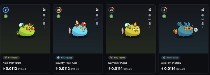 A screenshot showing four Axie Infinity NFT creatures (Axie #11419191, Bounty Task Axie #11373226, Summer Plant #11378599, and Axie #11449055) with their respective prices and ETH values listed.