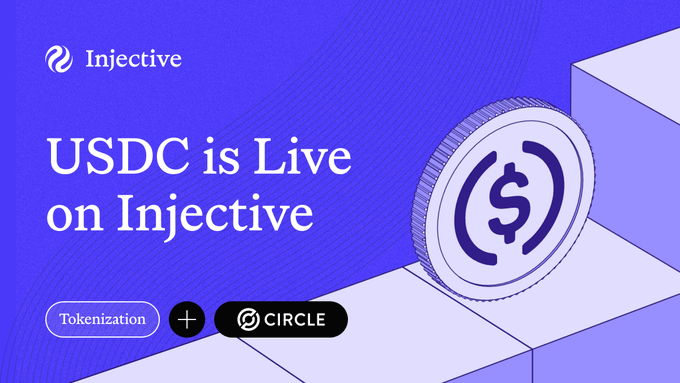 In the image, there are two currency symbols used as a design element - a USDC coin and a dollar sign. The main content of the image features an inflatable balloon, which has the text "USDC is live on injective" written on it in white letters. Below this, there's a graphic of a dollar sign with a dollar symbol above it. Both these elements come together to create a visually appealing and informative image related to the post where Native USDC is now live on @injective.