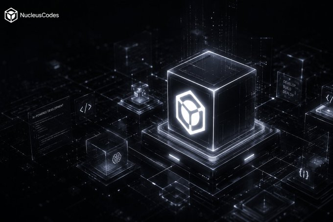 A futuristic, dark-themed digital graphic features a glowing 3D cube with the 'NucleusCodes' logo, surrounded by smaller cubes with icons for AI, code, and development.