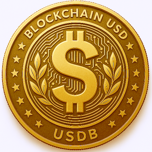 Gold-colored cryptocurrency token labeled 'BLOCKCHAIN USD' and 'USDB' with a central dollar sign surrounded by circuit-like patterns, stars, and laurel leaves.