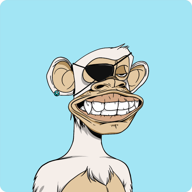 A digital illustration of a cartoon monkey with an eyepatch, showing a wide, toothy grin and wearing a small earring.