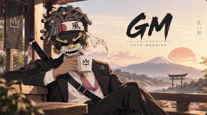 An anime-style illustration features a character with dreadlocks, a mask, and a headband drinking from a mug, set against a Japanese landscape with Mt. Fuji; the text 'GM GOOD MORNING' and '良い朝' appears alongside.