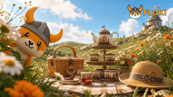 A cartoon Floki mascot in a Viking helmet relaxes beside a tiered tea set, picnic basket, and straw hat in a sunny wildflower meadow, with the "FLOKI" logo in the top-right corner — perfectly matching the post's "tea time, Viking style" theme of sunshine, $FLOKI, and brewing.