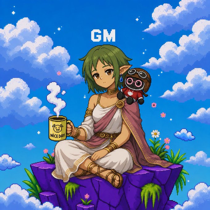The image features a woman sitting on a rock holding a coffee cup while wearing a white dress with gold accents. The background of the image shows a blue sky filled with clouds, giving the impression that they are high above a mountain or cliff. There is also a small bird in the scene. The post seems to be discussing the future of crypto and how it can be more practical by focusing on solving real problems rather than just being about speculation and hype.