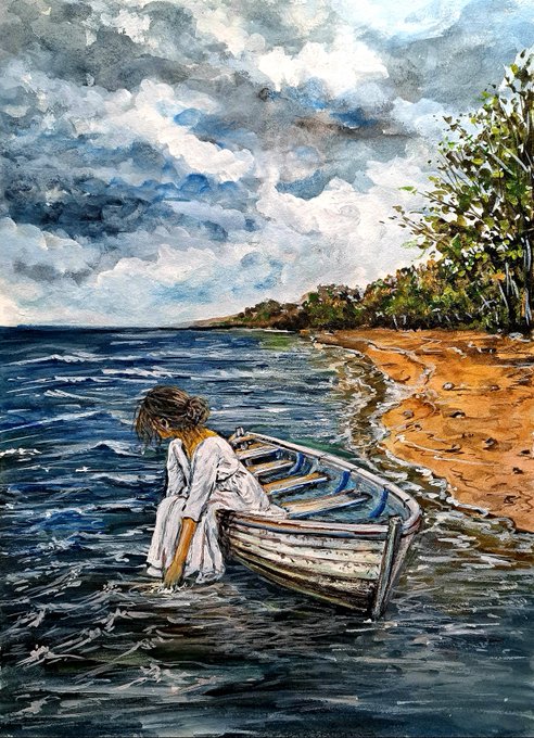A painted artwork depicting a girl in a white dress stepping out of a small boat onto the shore of a body of water under a cloudy sky.
