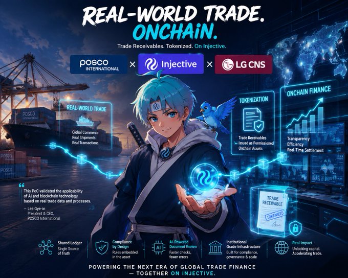 Promotional graphic for 'REAL-WORLD TRADE. ONCHAIN.' featuring a partnership between POSCO International, Injective, and LG CNS, highlighting trade receivables tokenization with an anime-style character holding a holographic orb.