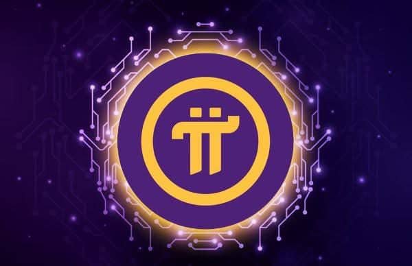 A glowing yellow pi (π) cryptocurrency logo centered on a purple circuit board background.