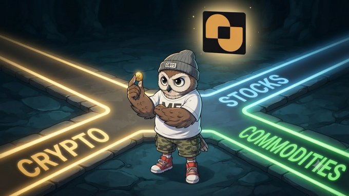 A cartoon owl mascot wearing a beanie labeled "OB1$" stands at a crossroads holding a coin, choosing between glowing pathways marked "CRYPTO," "STOCKS," and "COMMODITIES," visually representing the post's dilemma of selecting a single priority among three promising but capital-limited opportunities.