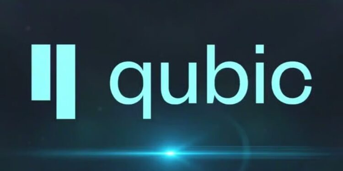A dark teal title card displays a large pale logo and the word “qubic,” with a glowing blue light near the bottom.