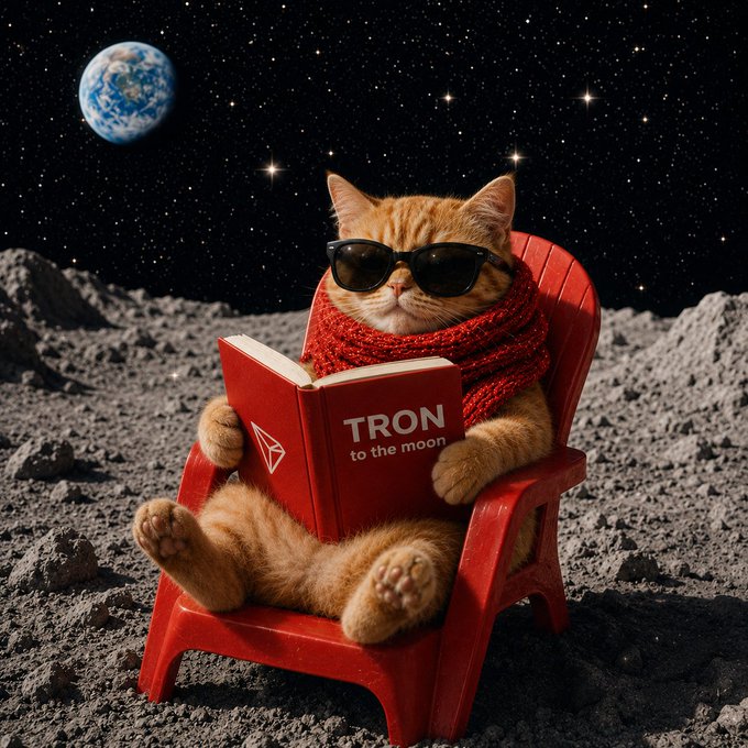 A humorous image of an orange cat wearing sunglasses and a red scarf, sitting in a red beach chair on the moon reading a red book titled 'TRON to the moon' with Earth visible in the starry sky.
