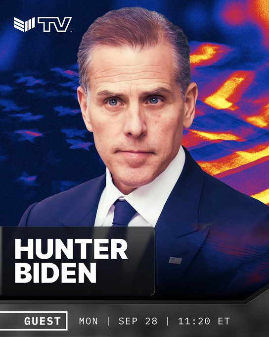 Newsmax TV promotional graphic featuring Hunter Biden as a guest on Monday, September 28 at 11:20 ET, with an American flag and microphone graphic in the background.