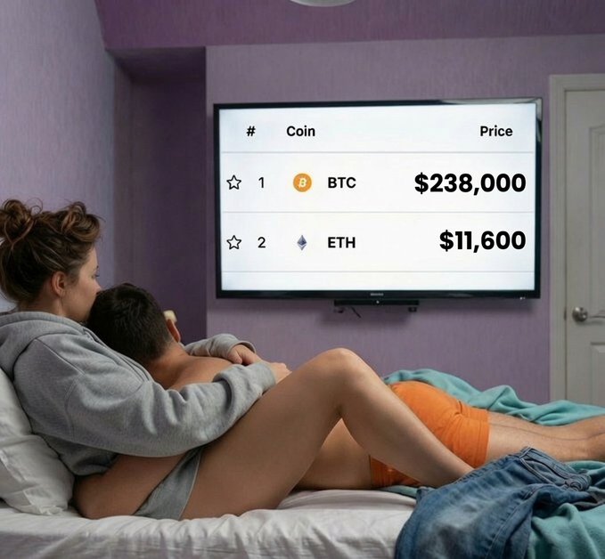 A couple cuddling on a bed in a purple-walled room watching a wall-mounted TV displaying a crypto price list with BTC at $238,000 and ETH at $11,600.
