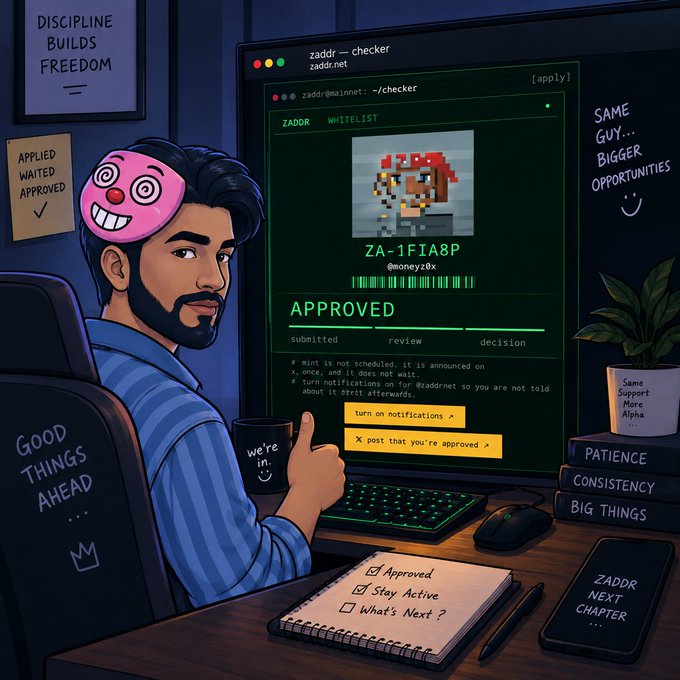 A digital illustration of a bearded man with a pink smiley-face mask on his head, sitting at a computer showing a 'ZADDR WHITELIST' approval screen for 'ZA-1F1A8P @moneyz0x', surrounded by motivational sticky notes including 'DISCIPLINE BUILDS FREEDOM' and 'GOOD THINGS AHEAD'.