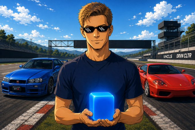 An anime-style illustration of a man in pixelated 'deal with it' sunglasses holding a glowing blue cube, standing on a racetrack between a blue Nissan Skyline GT-R and a red Porsche.
