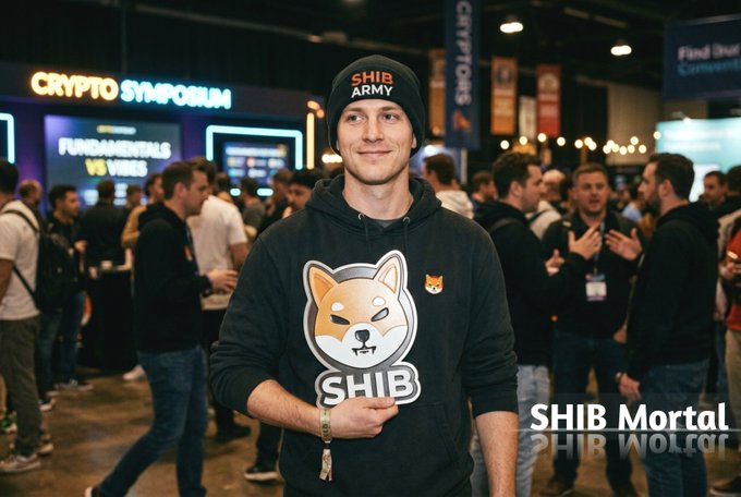 A young man wearing a "SHIB ARMY" beanie and a black hoodie featuring the iconic Shiba Inu logo with "SHIB" emblazoned on it stands smiling at a crypto symposium, embodying the loyal, unhurried spirit of the Shiba Inu community. The background signs reading "CRYPTO SYMPOSIUM" and "FUNDAMENTALS VS VIBES" perfectly mirror the post's playful contrast between analytical debates and the chill, accumulation-focused energy of long-term $SHIB holders.